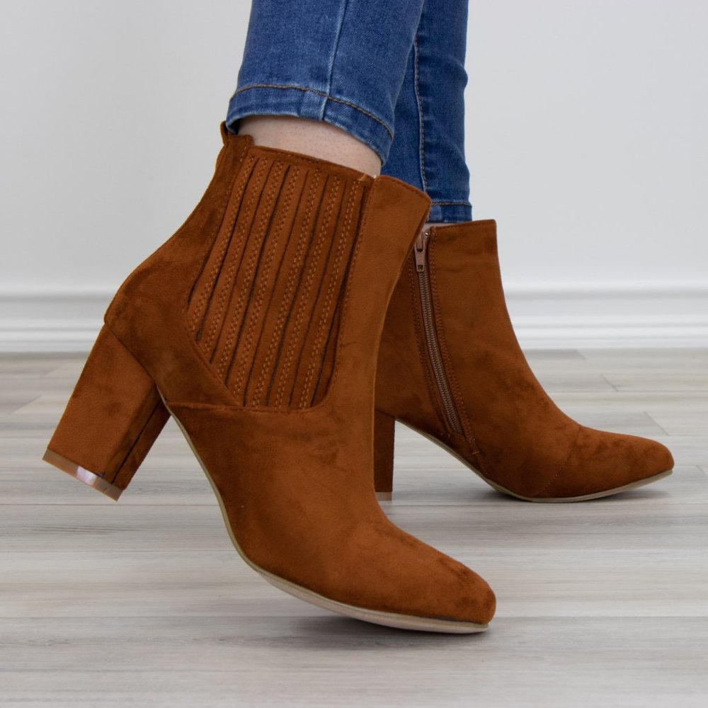 Vegan Suede Tan Bock Heel Ankle Bootie - Picture 2 of 8